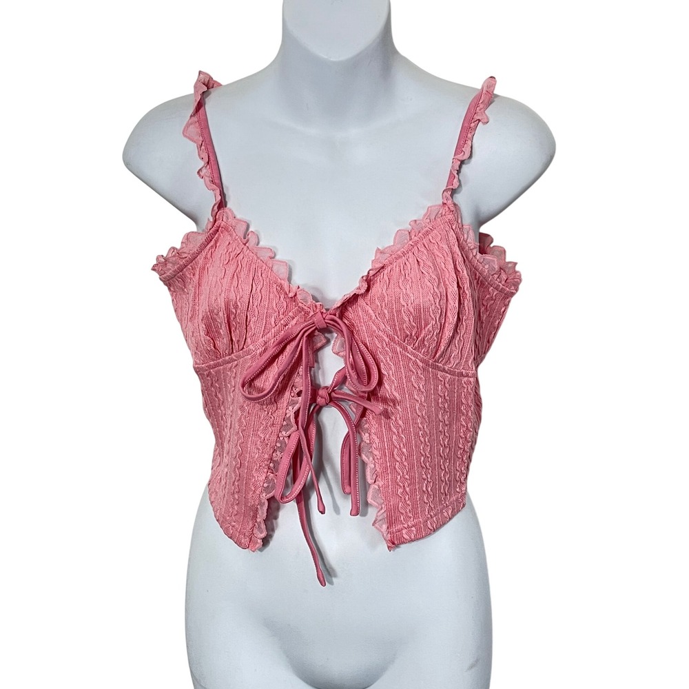 Sugar Thrillz Crop Top Women XL Pink Game Of Lust Tie Front Ruffle Cable Knit